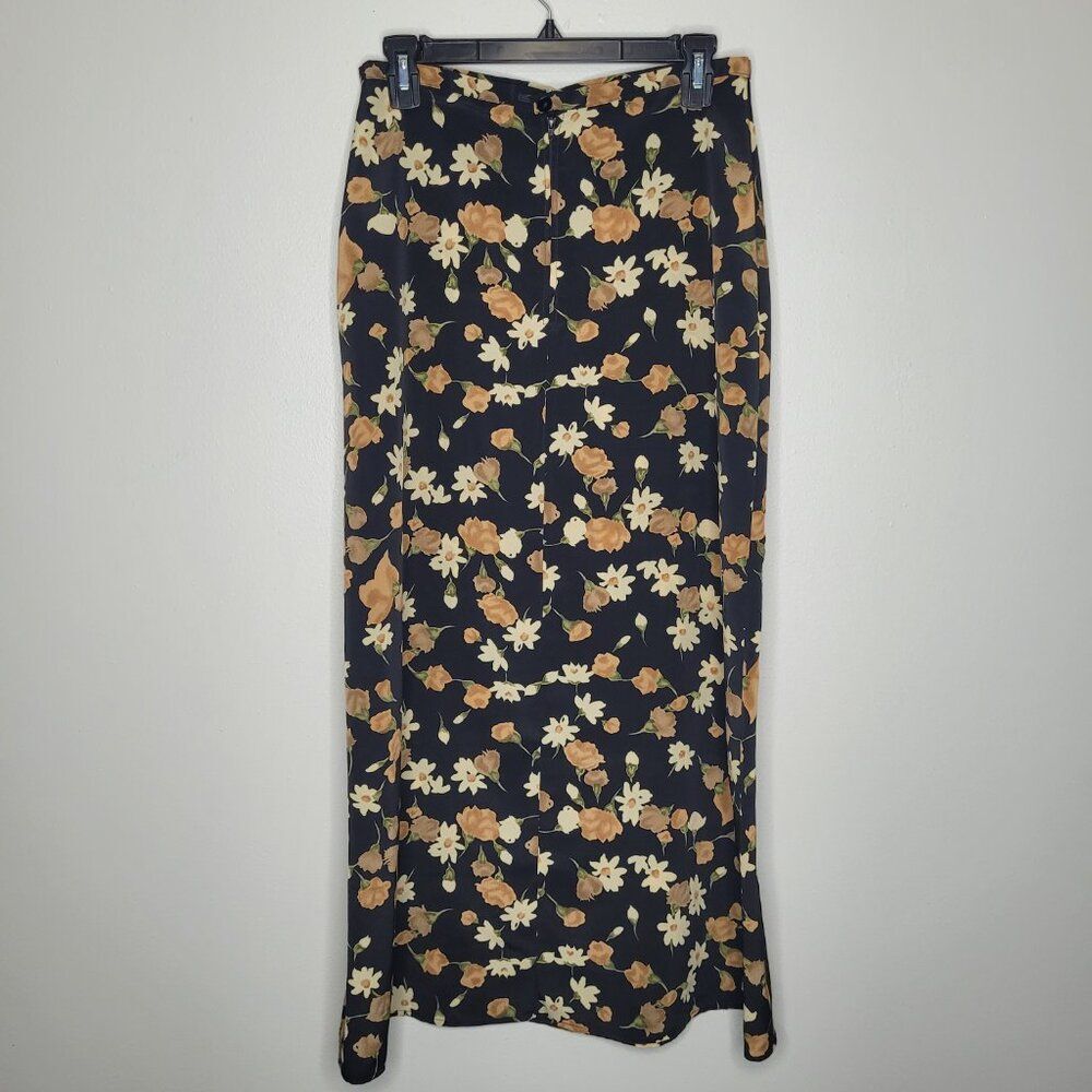 Vintage 90s black tan fall dark floral maxi midi moody whimsy skirt size 9